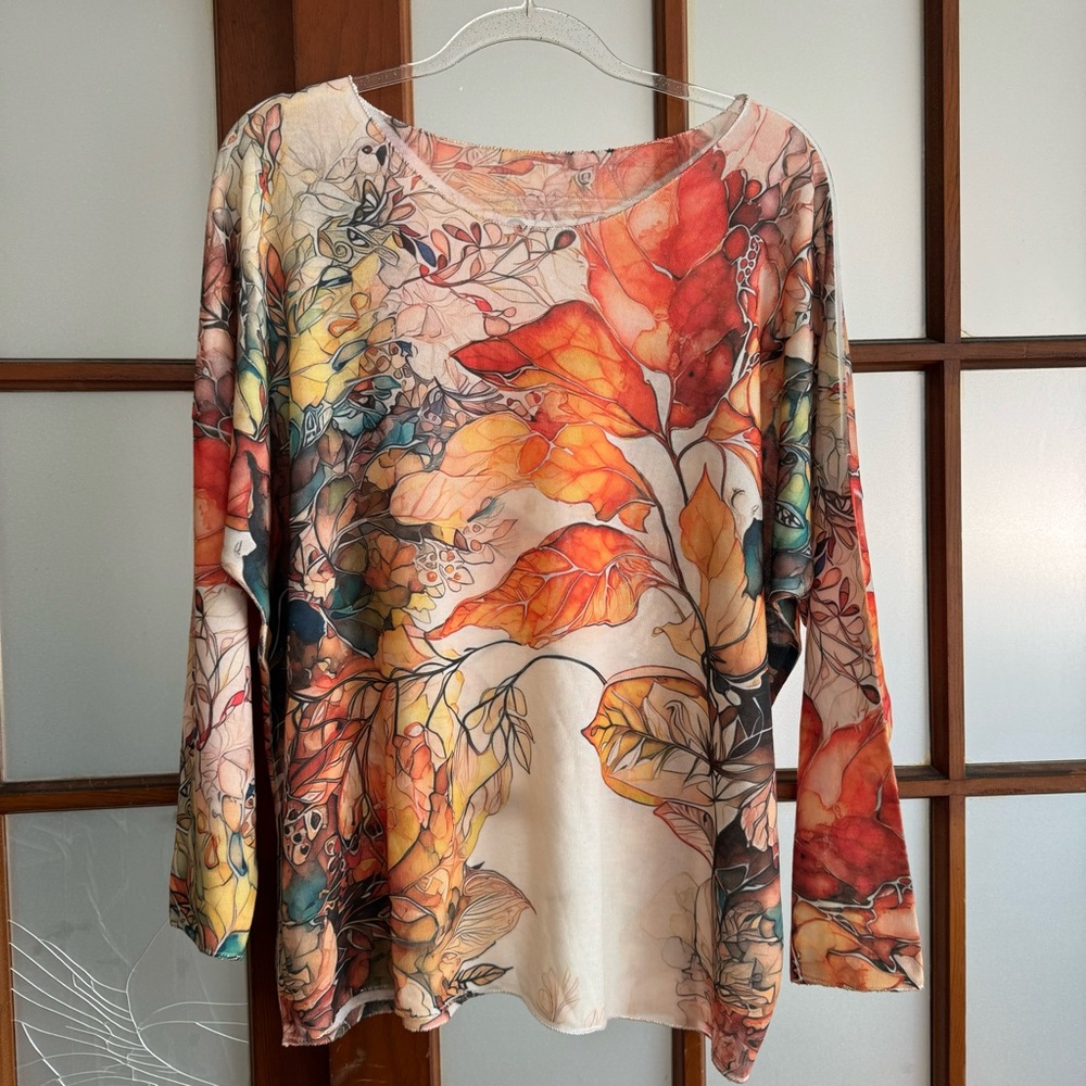 FINE KNITT SWEATER ART PRINT FALL LEAVES